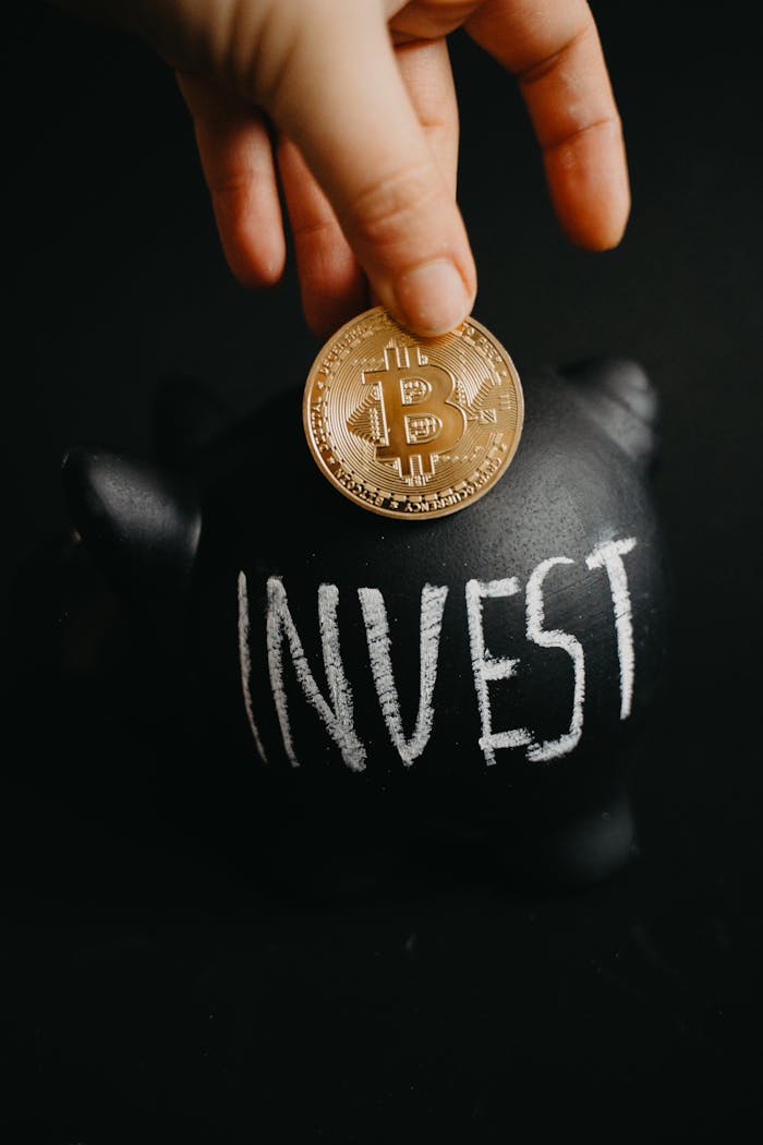 about-us-01 Gold bitcoin inserted into a black piggy bank labeled 'Invest', symbolizing cryptocurrency saving.